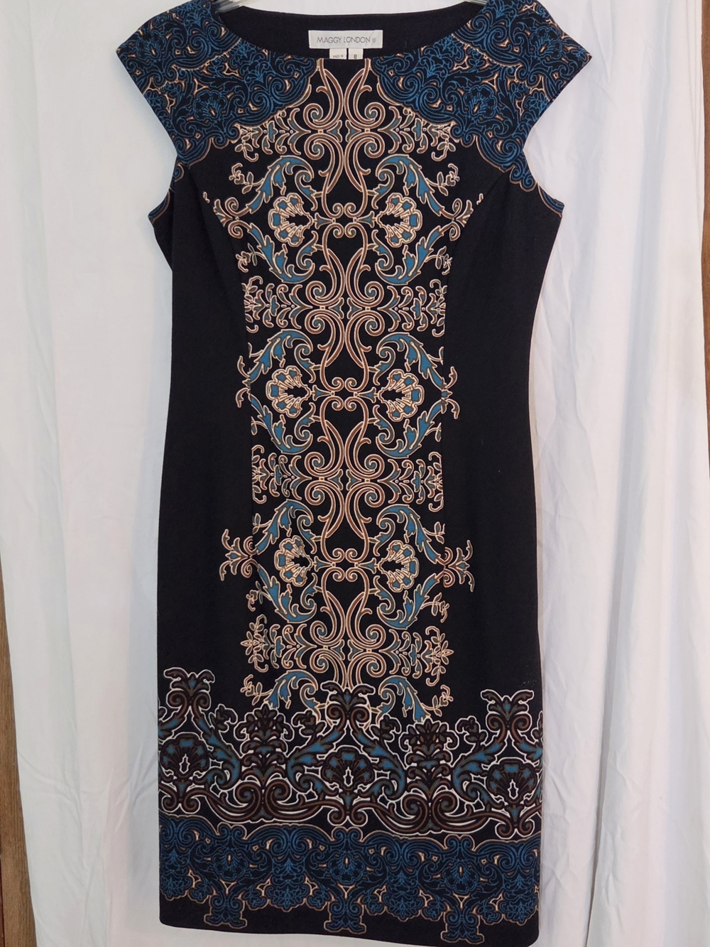 Maggy London Black Midi Dress with Teal and Tan Embroidery
